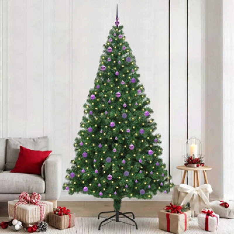 Image of vidaXL Artificial Christmas Tree with 300 LEDs, Lilac Balls with Stand Green 240 x 125 cm, Green 3396937