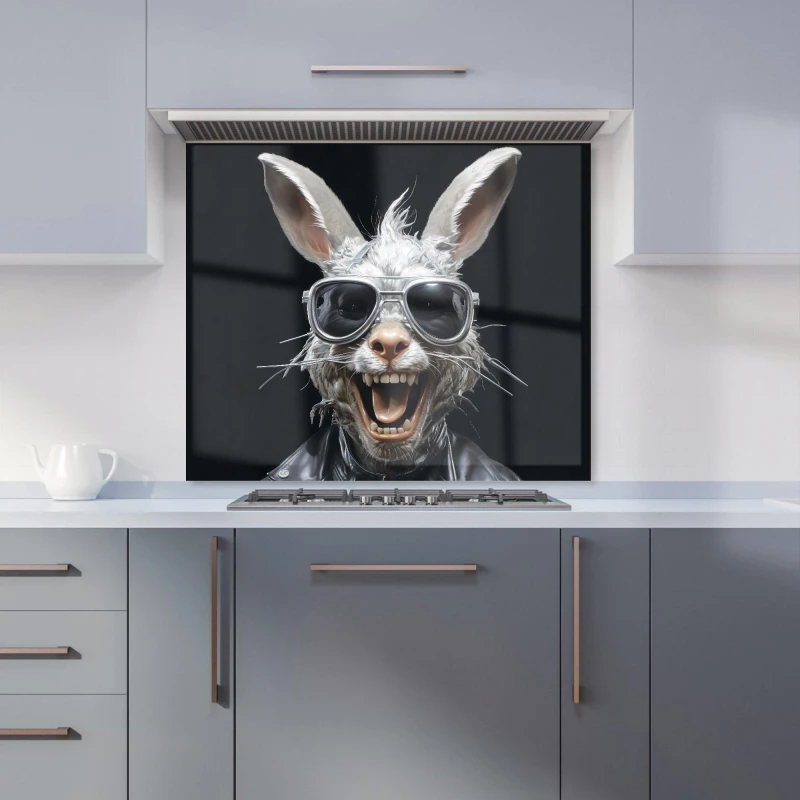 Image of Warren Reed - Designer Funky Rabbit Face With Glasses Kitchen Splashback in Grey Size: 700mm x 750mm Grey Unisex 700mm x 750mm