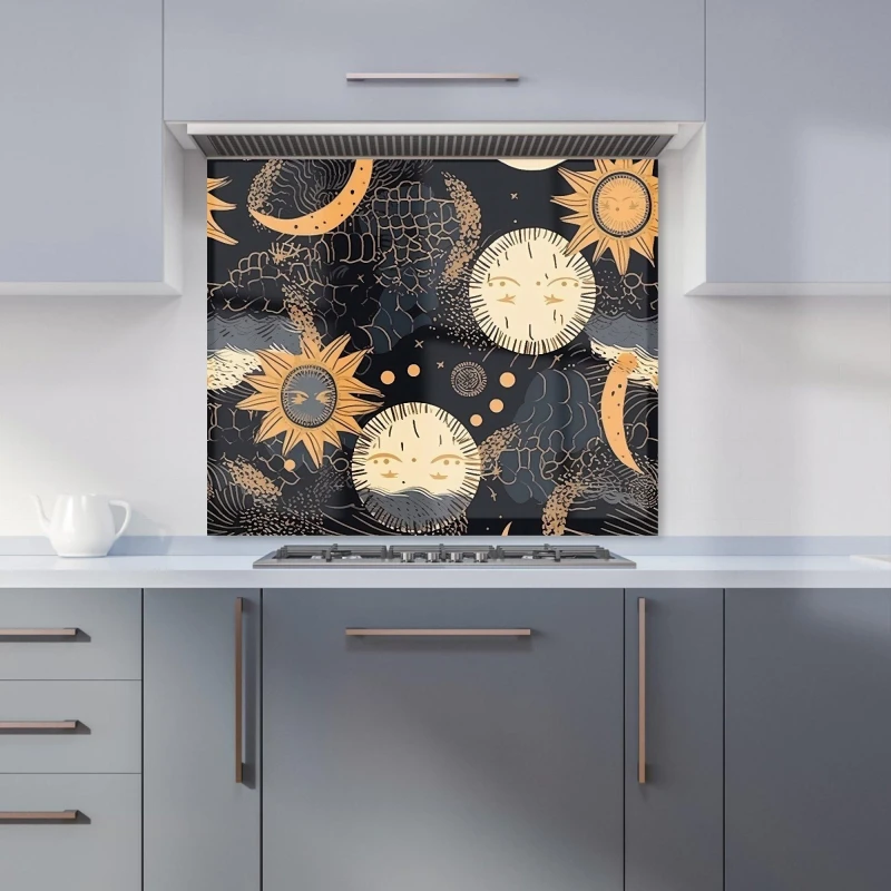 Image of Warren Reed - Designer Gold Sun & Moon Kitchen Splashback in Yellow Size: 700mm x 650mm Yellow Unisex 700mm x 650mm