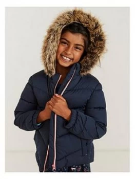 Image of Fatface Girls Elsie Faux Fur Hooded Coat - Navy
