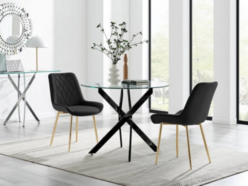 Image of FurnitureboxUK FurnitureboxUK Novara 100cm Round Black Leg Dining Table & 2 Pesaro Gold Leg Chairs Black One Size Unisex 5056784304402
