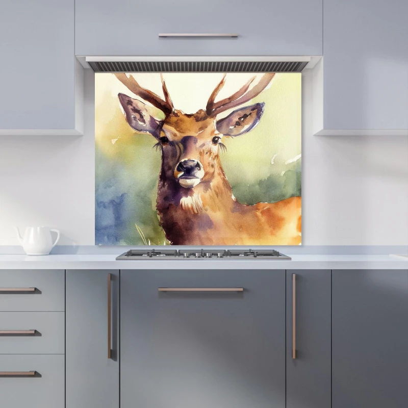 Image of Warren Reed - Designer Splendid Stag Watercolour Kitchen Splashback in Brown Size: 600mm x 750mm Brown Unisex 600mm x 750mm
