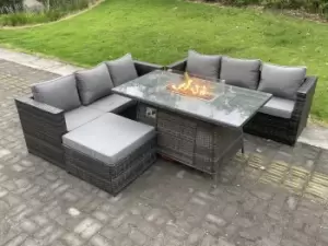 Image of Fimous 6 Seater Outdoor Dark Grey Rattan Lounge Complete Sofa Set with Gas Fire Pit Table, Gas Heater and Big Footstool
