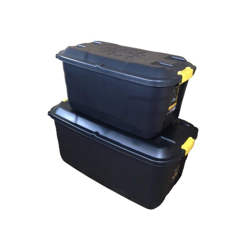 Image of 1 x 145L AND 1 x 75L Heavy Duty Trunks on Wheels Sturdy, Lockable, Stackable and Nestable Design Storage Chest with Clips in Black