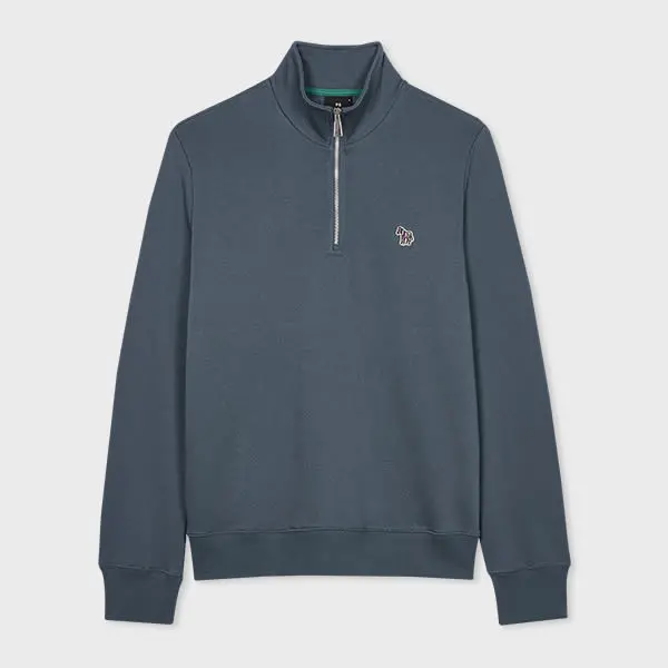 Image of Paul Smith Ink Blue Zebra Logo Zip-Neck Organic Cotton Sweatshirt