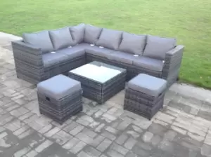 Image of Fimous 6 Seater Outdoor Dark Grey Rattan Lounge Complete Sofa Set with Square Coffee Table and 2 Footstools