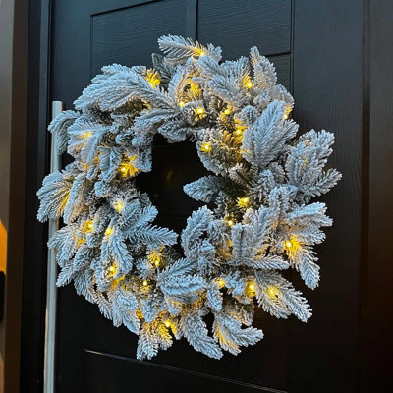 Image of Outdoor Living (NW) Ltd 60Cm Premium Mixed Branch Prelit Snow Flocked Christmas Wreath - With Timer