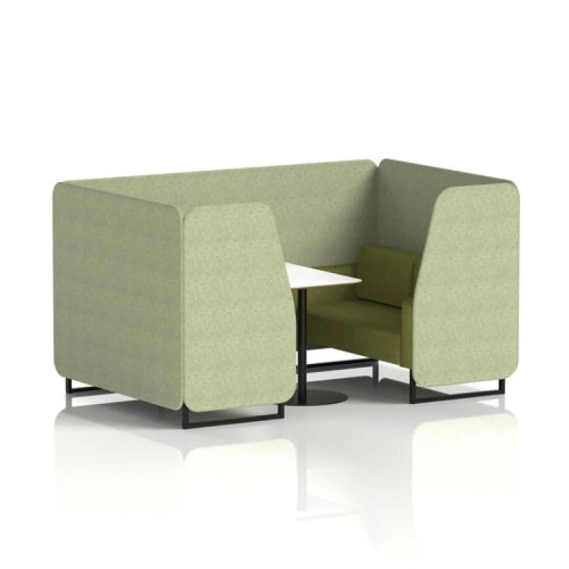 Image of Brixworth 4 Seater Office Booth with Front Panel - Black Legs and White Table with Black Leg in Rivet Fabric - Burnish Panels and Olive Sofa