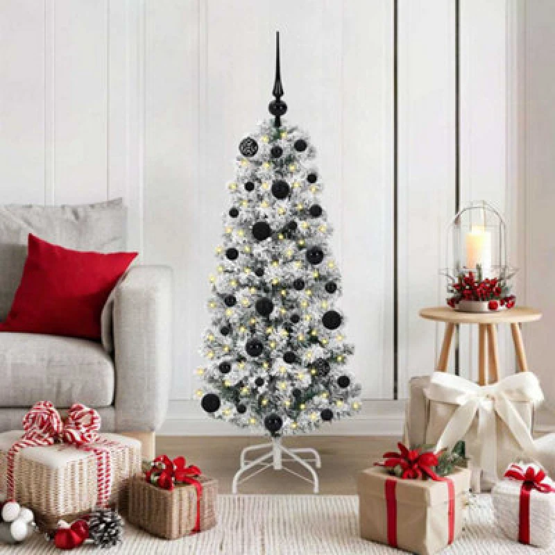 Image of vidaXL Artificial Hinged Christmas Tree with Black Balls Green and white 120 cm, Green 3395578