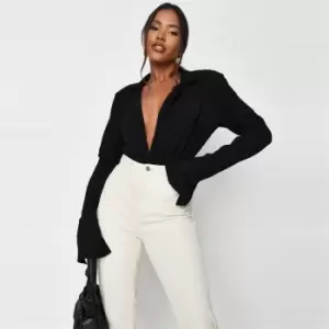 Image of Missguided Plunge Collared Bodysuit Flare Sleeve - Black