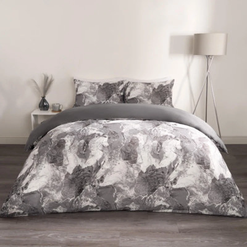 Image of OHS OHS Marble Duvet Cover Set Quilt Bedding Reversible in Grey Size: Double Grey Double Unisex 5027434183197