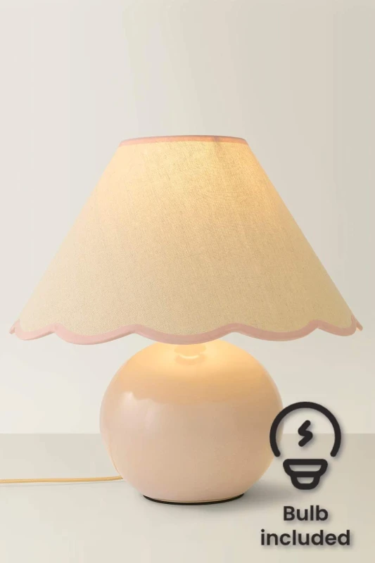 Image of ValueLights Bosco Natural Stone Globe Ceramic Table Lamp with Linen Scalloped Shade & Bulb Pink
