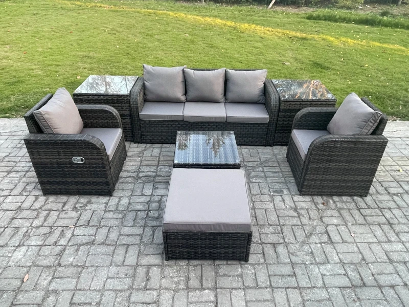 Image of Fimous Garden Furniture Sets 6 Pieces Wicker Rattan Furniture Patio Sofa Sets with Reclining Chair 3 Seater Sofa Dark Grey