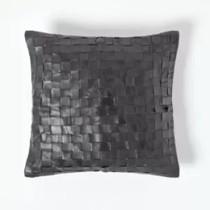 Image of HOMESCAPES Black Real Leather Basketweave Check Suede Cushion with Feather Filling - Black