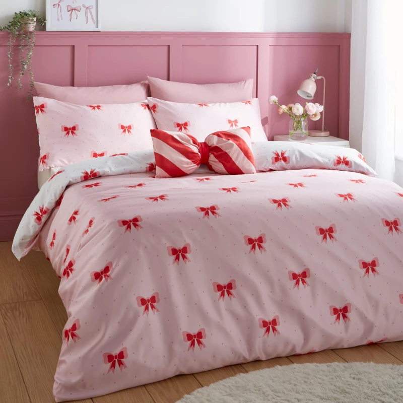 Image of Sassy B 'Dotty Bows' Soft Microfibre Reversible Duvet Cover Set Pink