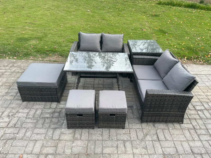 Image of Fimous 7 Seater Garden Dining Set Wicker PE Rattan Outdoor Furniture Sofa with Rectangular Dining Table Double Seat Sofa 3 Footstools Side Table Dark