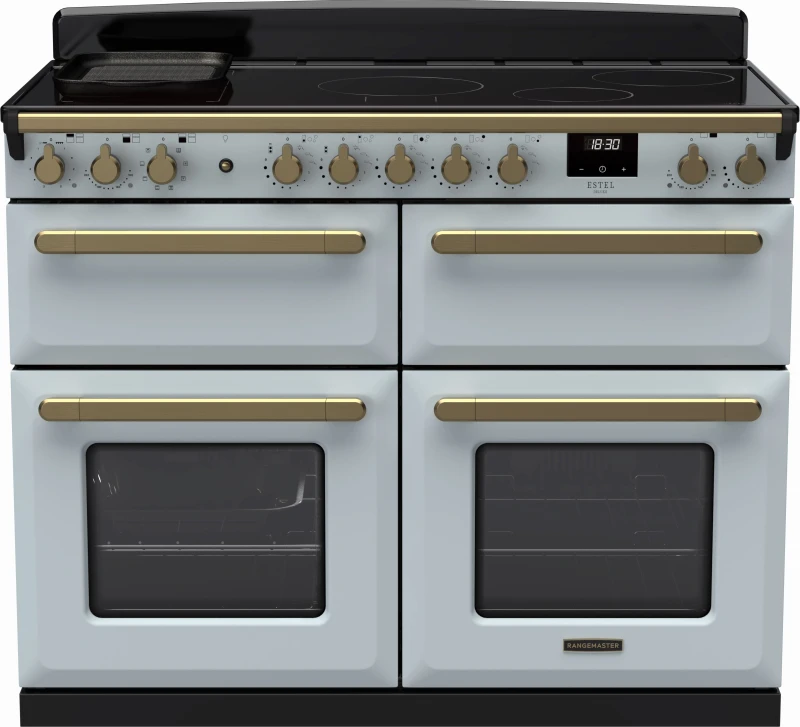 Image of Rangemaster Estel Deluxe ESDLB110EIPMSB/AB1 110cm wide Electric Range Cooker with Induction Hob - Misty Blue / Antique Brass - A Rated