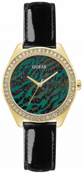 Image of Guess Ziggy Womens Black Leather Strap Green Animal Watch