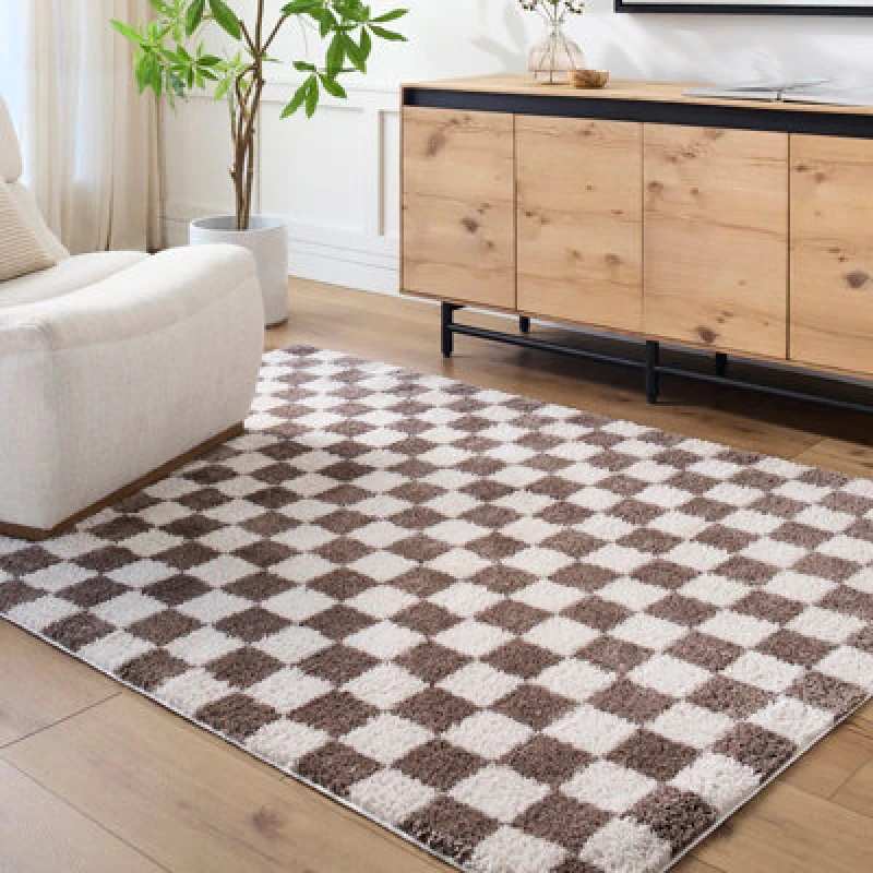 Image of Livabliss Machine Washable Checkered Shaggy Dark Brown Izaline Area Rug 140 X 200 Cm - Easy Care, Ideal For Living Room & Bedroom