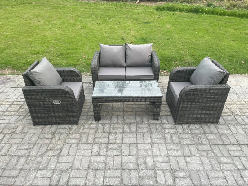 Image of Fimous Outdoor Garden Furniture Sets Wicker Rattan Furniture Sofa Sets with Rectangular Coffee Table Love seat Sofa Dark Grey