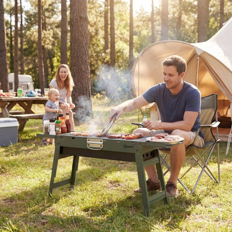 Image of OUTSUNNY BBQ Grill, Charcoal Barbecue with 2 Side Shelves & Handle, Green Green Unisex