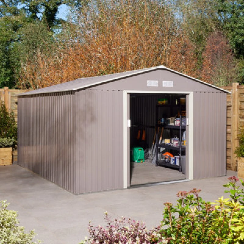Image of Rowlinson Trentvale 10X12 Metal Apex Shed Light Grey With Foundation Kit, Grey TV1012APXLGFKI