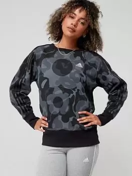 Image of adidas Sportswear Floral Graphic 3-stripes Fleece Sweatshirt - Black/Multi, Black/Multi, Size XS, Women