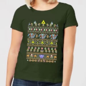 Image of Nintendo Retro Womens Christmas T-Shirt - Forest Green - S