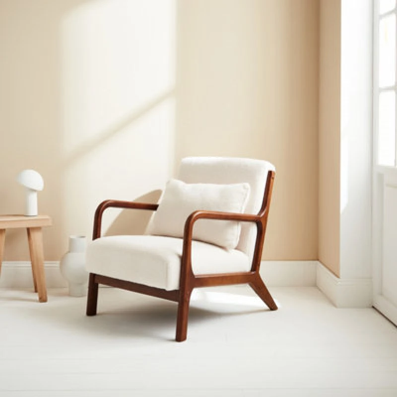 Image of sweeek Scandi-style Boucle Wooden Armchair With Cushion White