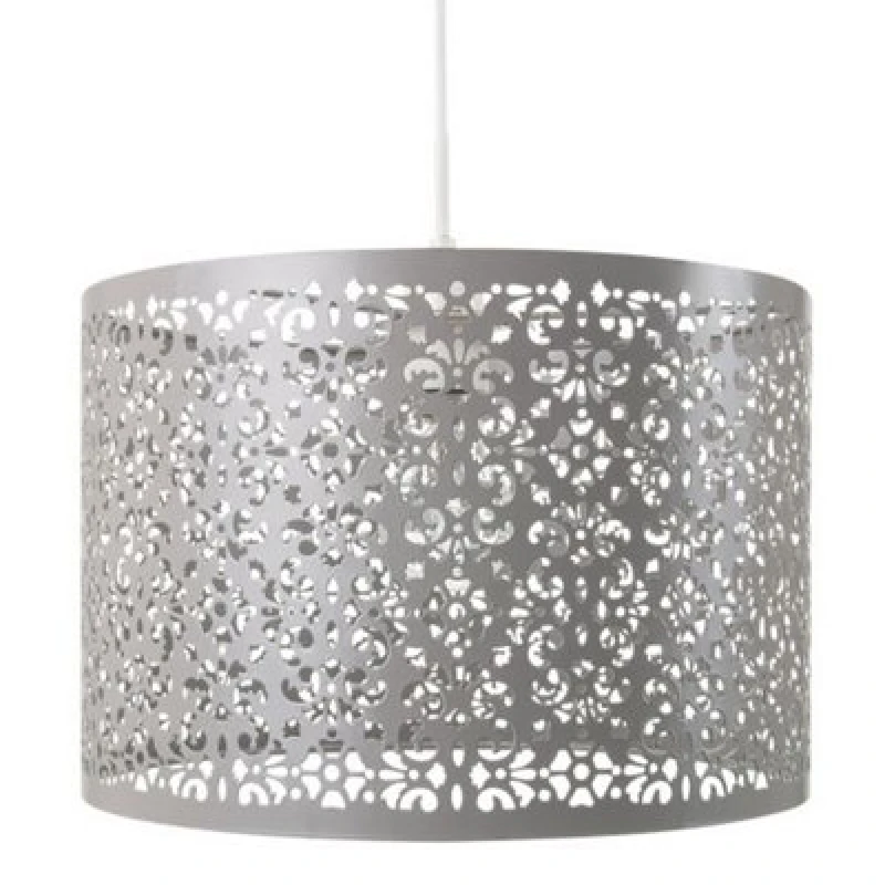 Image of Happy Homewares Moroccan Designed Soft Grey Metal Pendant Light Shade With Floral Decoration