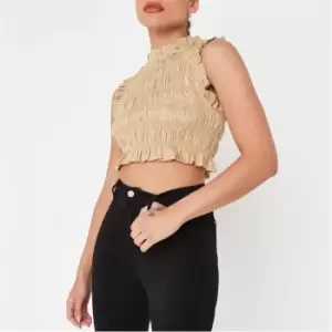 Image of Missguided Petite Shirred Hn Crop Tank Poplin - Neutral