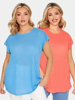 Image of Yours Linen Look T-Shirt 2 Pack - Turquoise/Hot Pink, Blue, Size 18, Women