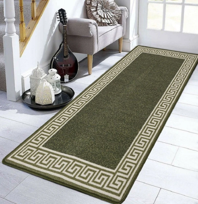Image of Smart Living Greekey Heavy Duty Machine Washable Hallway Kitchen Non Slip Door Mat in Green Size: 80cm x 300cm Green Unisex 80cm x 300 cm