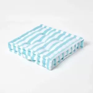 Image of Homescapes - Cotton Blue Thick Stripe Floor Cushion, 40 x 40cm - Blue