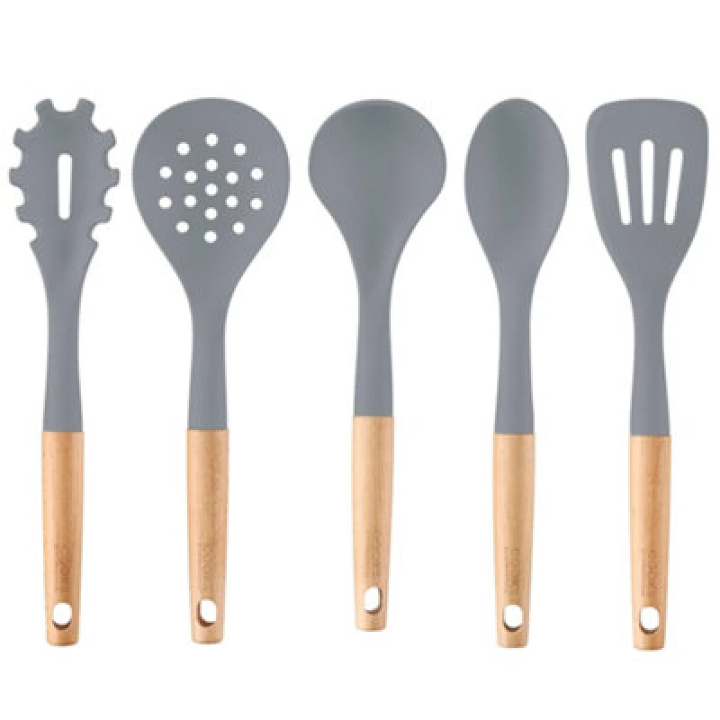 Image of Cooks Professional 5 Piece Silicone Utensil Set - Kitchen Cooking Spoons, Ladle & Spatula Tools - Grey