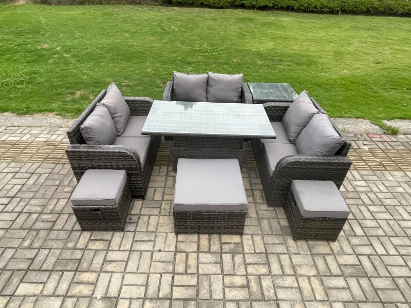 Image of Fimous Rattan Garden Outdoor Furniture 3 PC Love Sofa Set Adjustable Rising lifting Dining Table With Side Table 3 Footstools Dark Grey