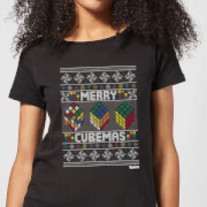 Image of Rubiks Merry Cubemas Womens Christmas T-Shirt - Black - S