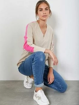 Image of Mint Velvet Overarm Stripe V-Neck Batwing Jumper - Camel