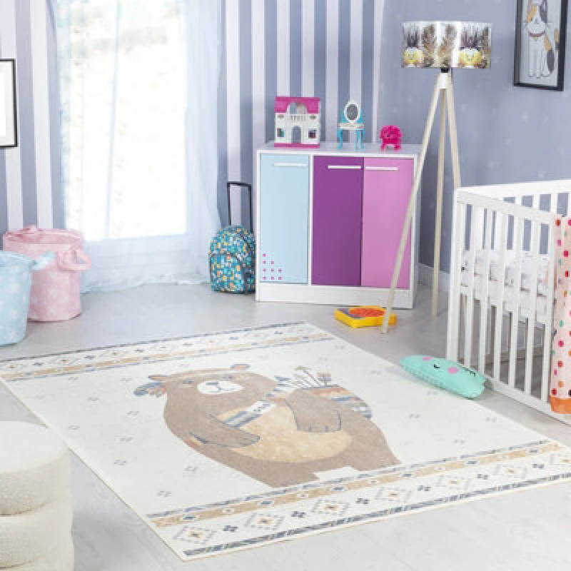 Image of Livabliss Kids Machine Washable Beige/brown Bedroom Oursigene Area Rug 160 X 213cm - Easy Care, Soft & Safe Rug For Kids Spaces