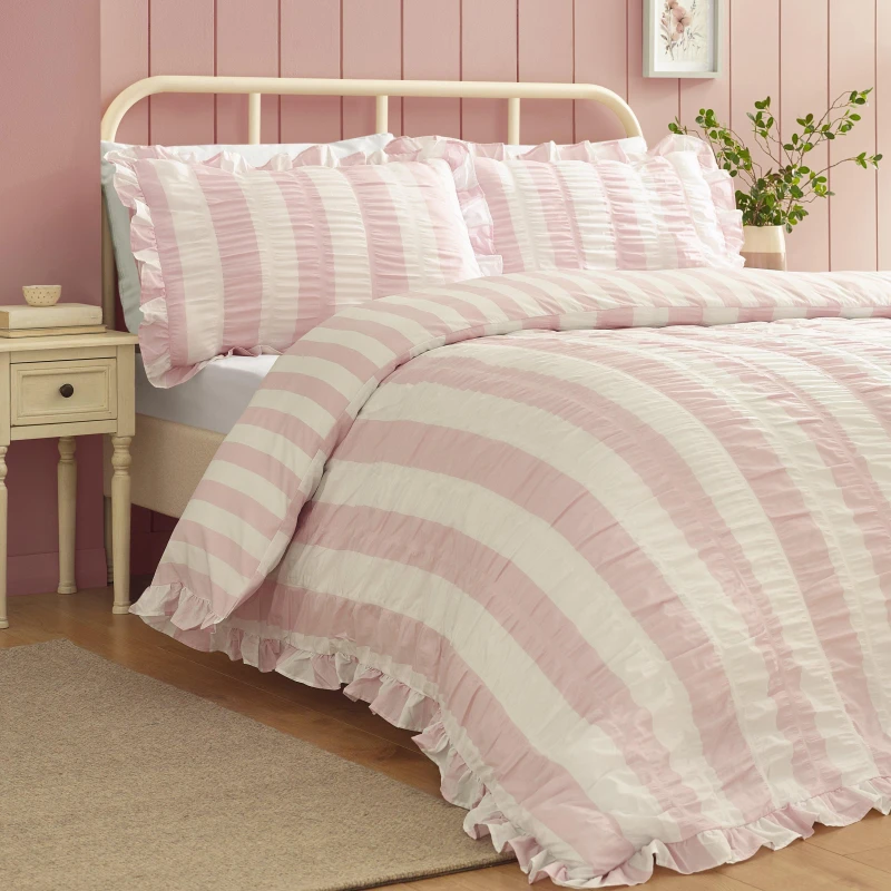 Image of Catherine Lansfield Seersucker Frill Stripe Duvet Cover Bedding Set Pink