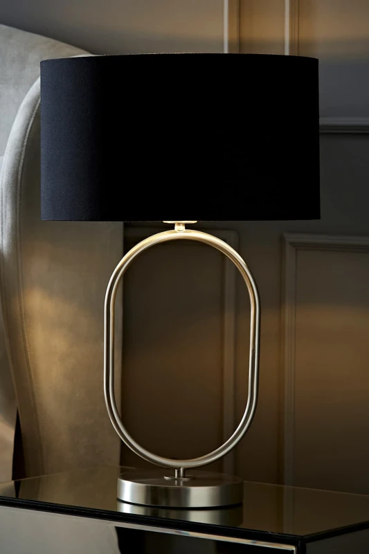 Image of ValueLights ValueLights Antonia Fabric with Chrome Drum Shade Brushed Chrome Oval Table Lamp in Black One Size Unisex 5059406064777