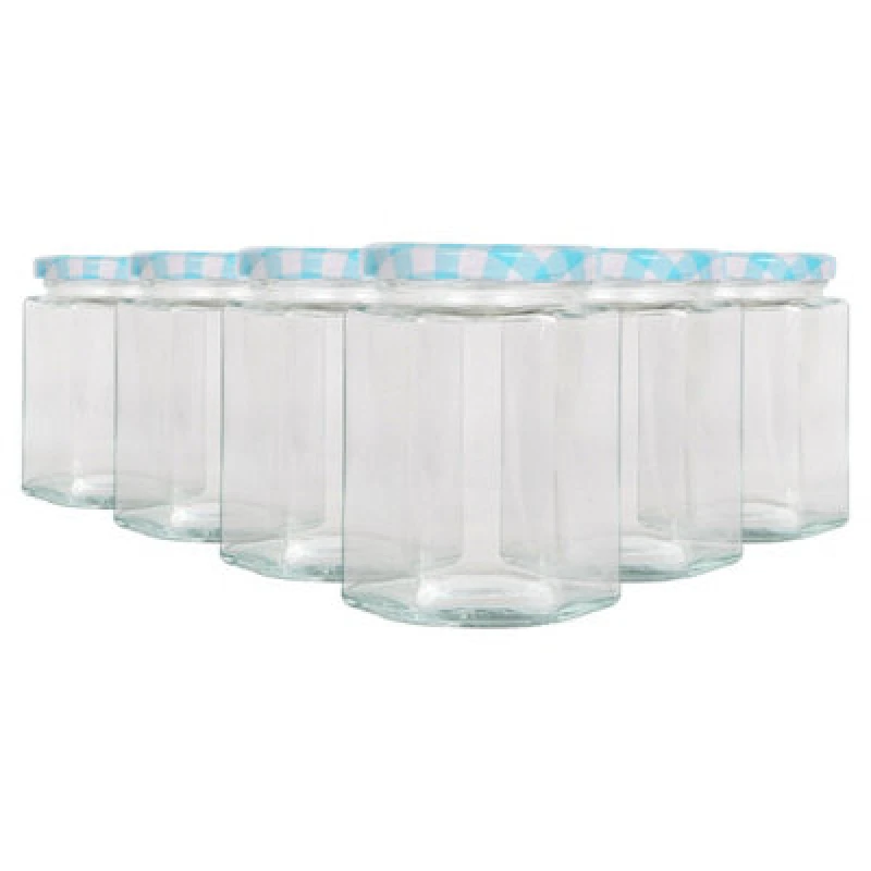Image of Argon Tableware Hexagonal Glass Jam Jars With Blue Gingham Lids - 250ml - Pack Of 6