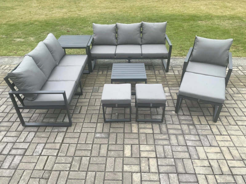Image of Fimous Aluminium Outdoor Lounge Sofa Set Garden Furniture Sets with Square Coffee Table Chair 3 Footstools Side Table Dark Grey Dark Grey Unisex