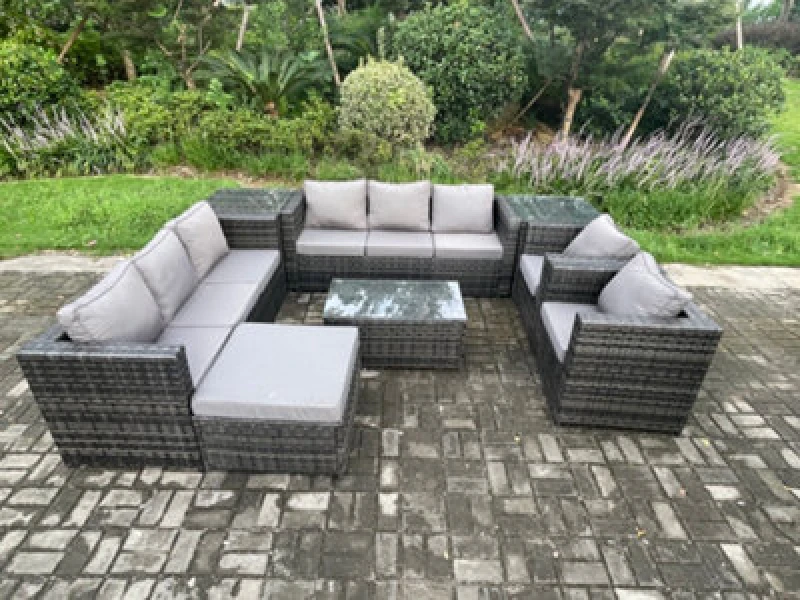 Image of Fimous Outdoor Lounge Sofa Set Wicker PE Rattan Garden Furniture Set with 2 Armchairs Oblong Coffee Table 2 Side Tables Dark Grey