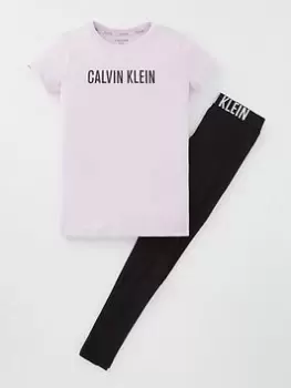 Image of Calvin Klein Girls Tee And Legging PJ Set - Wisteria/Black/Multi, Size 10-12 Years, Women