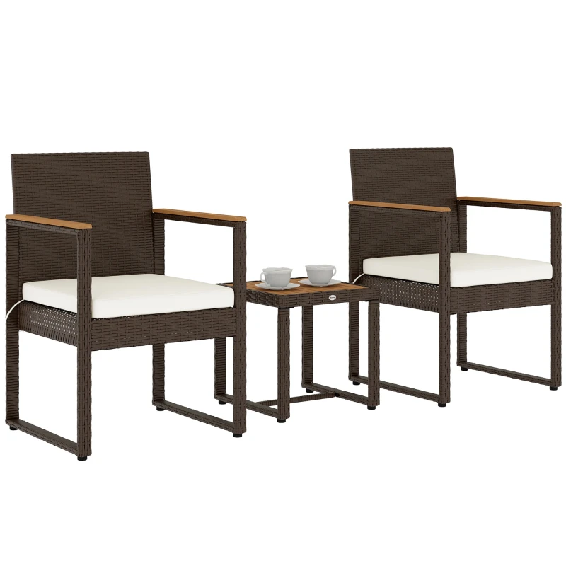 Image of Outsunny 3 Piece Rattan Bistro Set with Acacia Wood Table, White 863-170V70BN