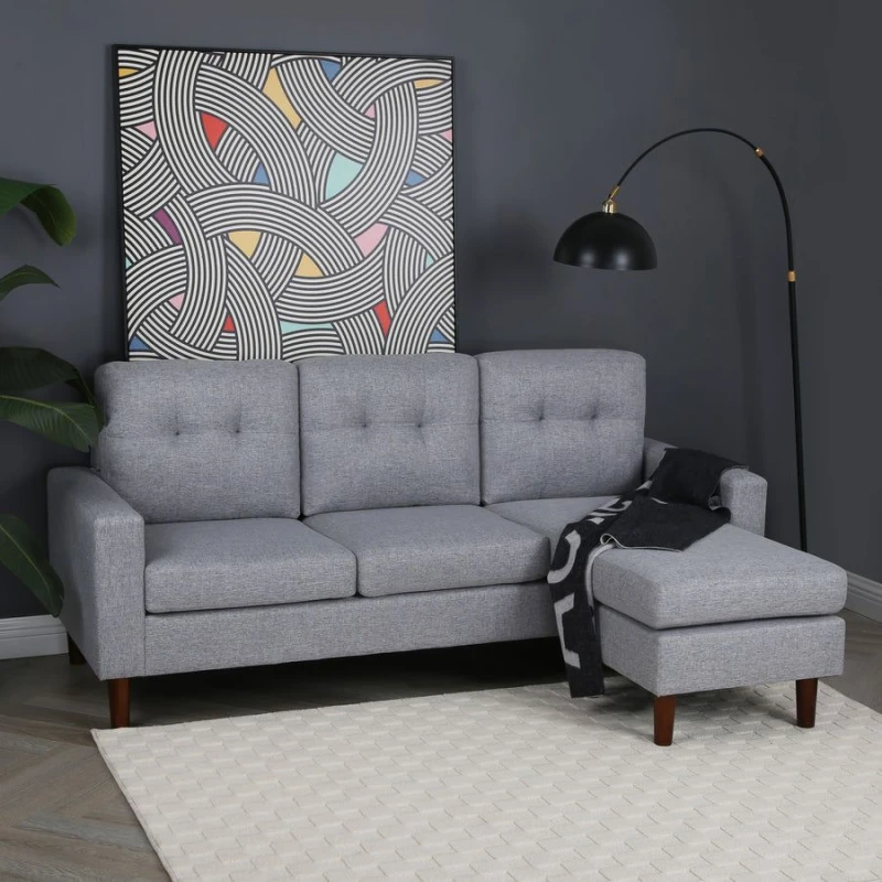 Image of Home Garden Direct Pisa Small Corner Sofa with Reversible Chaise - Soft Woven Fabric Grey Size: 3 Seater Grey Unisex 3 Seater