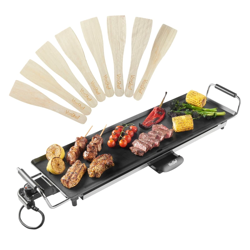 Image of Vonshef Teppanyaki Grill Xl, Electric Grill W/ Non-Stick Plate, 2000W, Adjustable Temperature, Drip Tray & 8 Spatulas, 70X23X10Cm