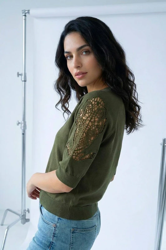 Image of Dusk Womens Crochet Sleeve Knit Top in Khaki Size: 18 Khaki Female 18
