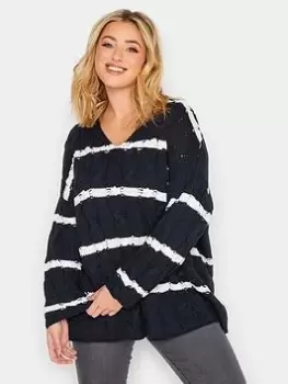 Image of Yours V Neck Cable Stripe Jumper - Navy, Size 14-16, Women
